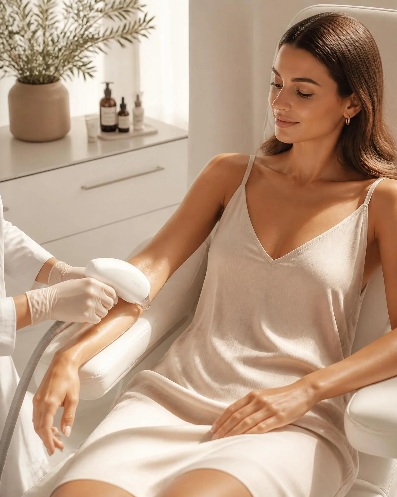 Woman receiving a laser hair reduction treatment in a luxury Peoria medical spa