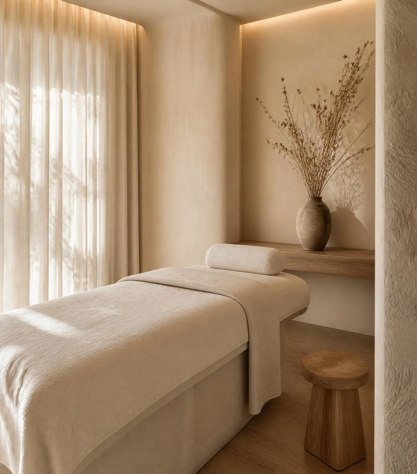 Luxury spa treatment room at Vanilla Sugar Face and Body in Peoria, warm ivory and cream interior