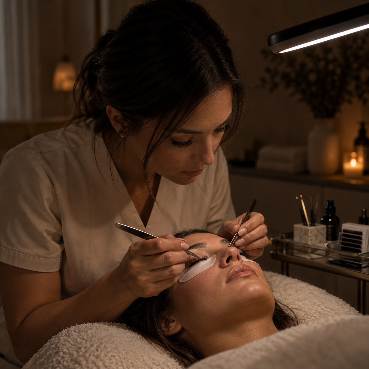 Lash stylist applying individual extensions at Vanilla Sugar Face & Body