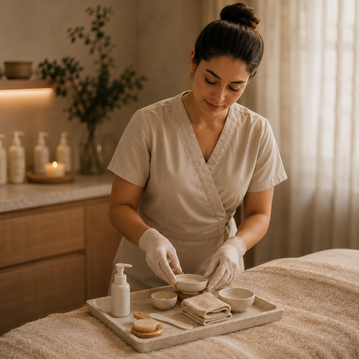 Esthetician preparing a facial treatment at Vanilla Sugar Face & Body