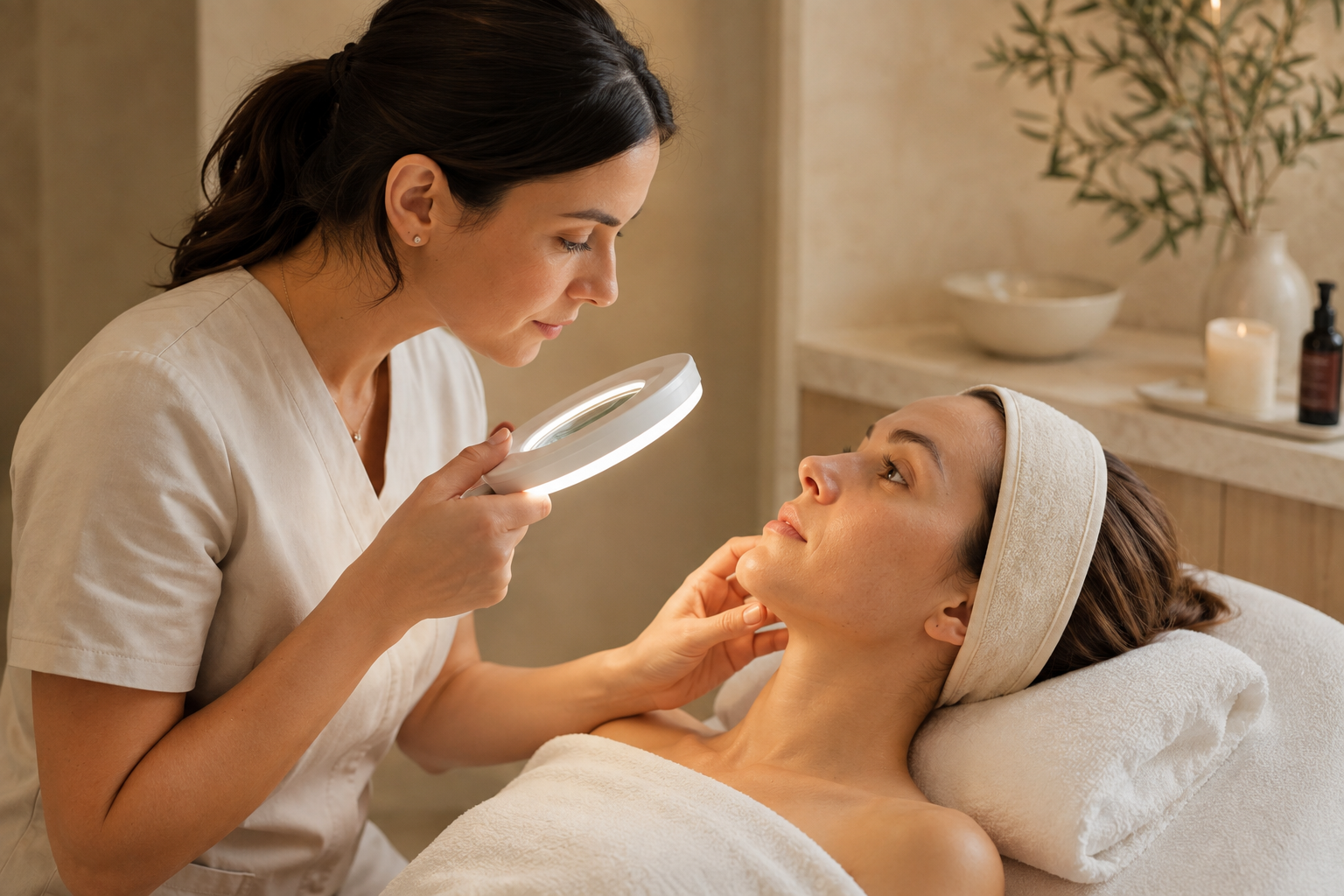 Esthetician analyzing a client's skin before a customized facial