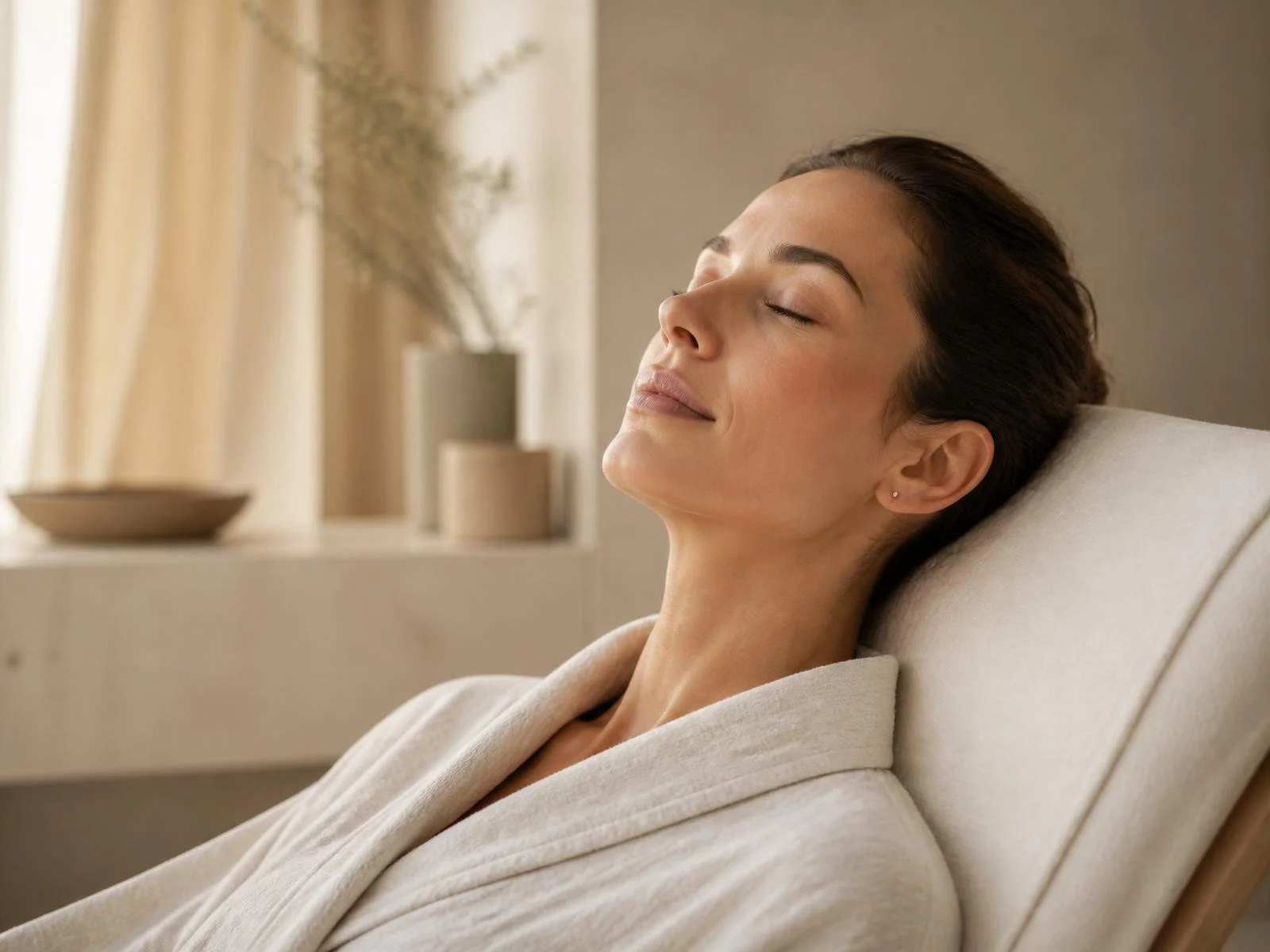 Broken capillary laser treatment in Peoria: woman with clear, calm skin in a luxury spa treatment room