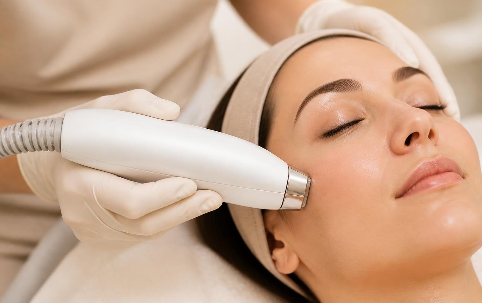MoveoGlo laser handpiece treating facial capillaries during a laser facial in Peoria