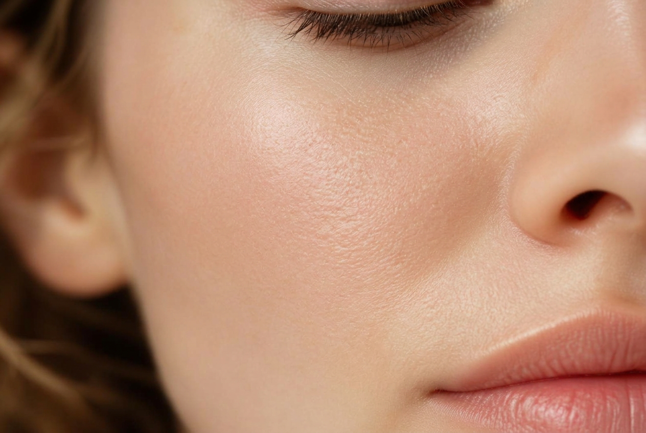 Close-up of clear, even-toned skin with reduced visible facial capillaries