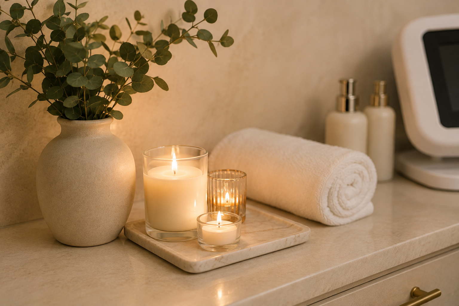 Candles and a vase styled on a spa counter