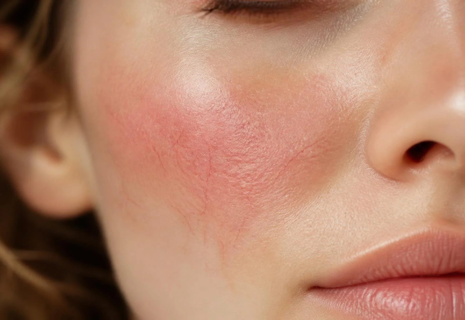 Close-up of visible broken capillaries and facial redness across the cheek and nose