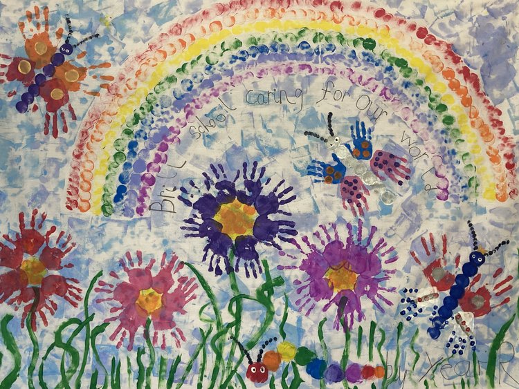 A children's hand-painted image of brightly coloured flowers and insects with an over-arching rainbow.