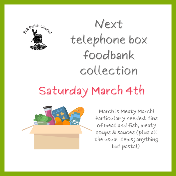 Drawing of grocery box and text about foodbank collection on March 4th.
