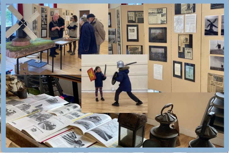 Composite image of five photos showing display of old photos, books and artefacts, people talking and two children play-fighting with shields and swords.