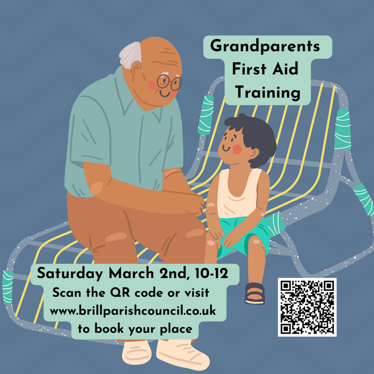 Cartoon of elderly man and small boy sitting on a sun lounger, looking at each other and smiling. Text promotes first aid training for grandparents on March 2nd.