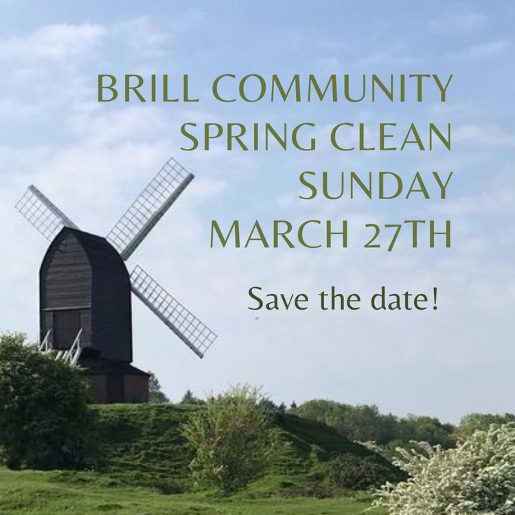 Windmill on grassy hill with text 'Community Spring Clean March 27'