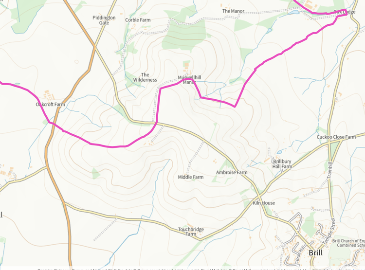 Simple map showing small portion of county boundary between Oxfordshire and Buckinghamshire as it crosses Muswell Hill.