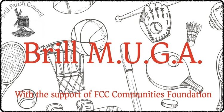Line drawings of sports equipment with 'Brill MUGA' in red letters.
