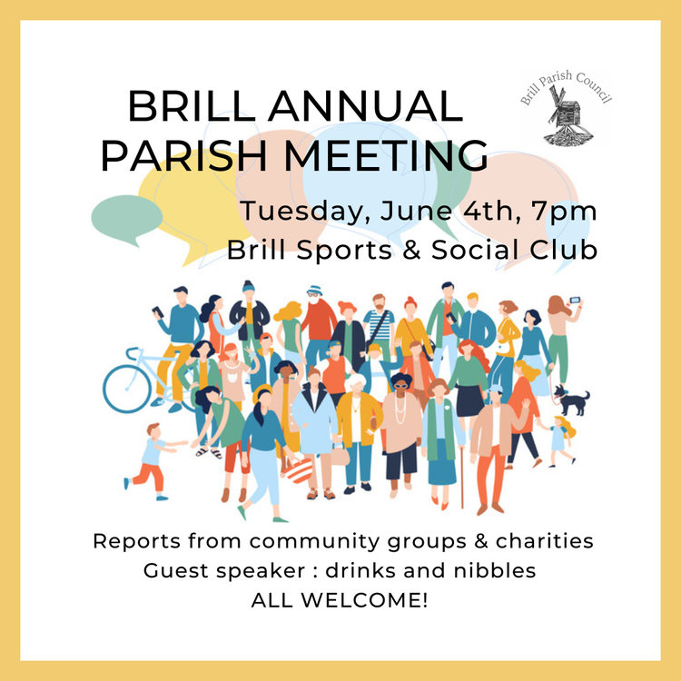 Colourful drawing of crowd of people of all ages with text advertising Brill Annual Parish Meeting on June 4th.