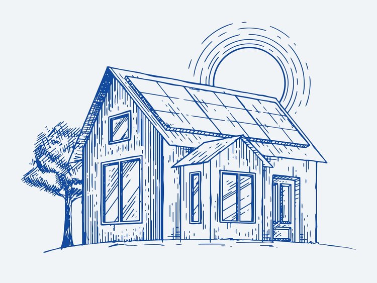 Blue line drawing of a cottage with solar panels on the roof and rising sun behind.