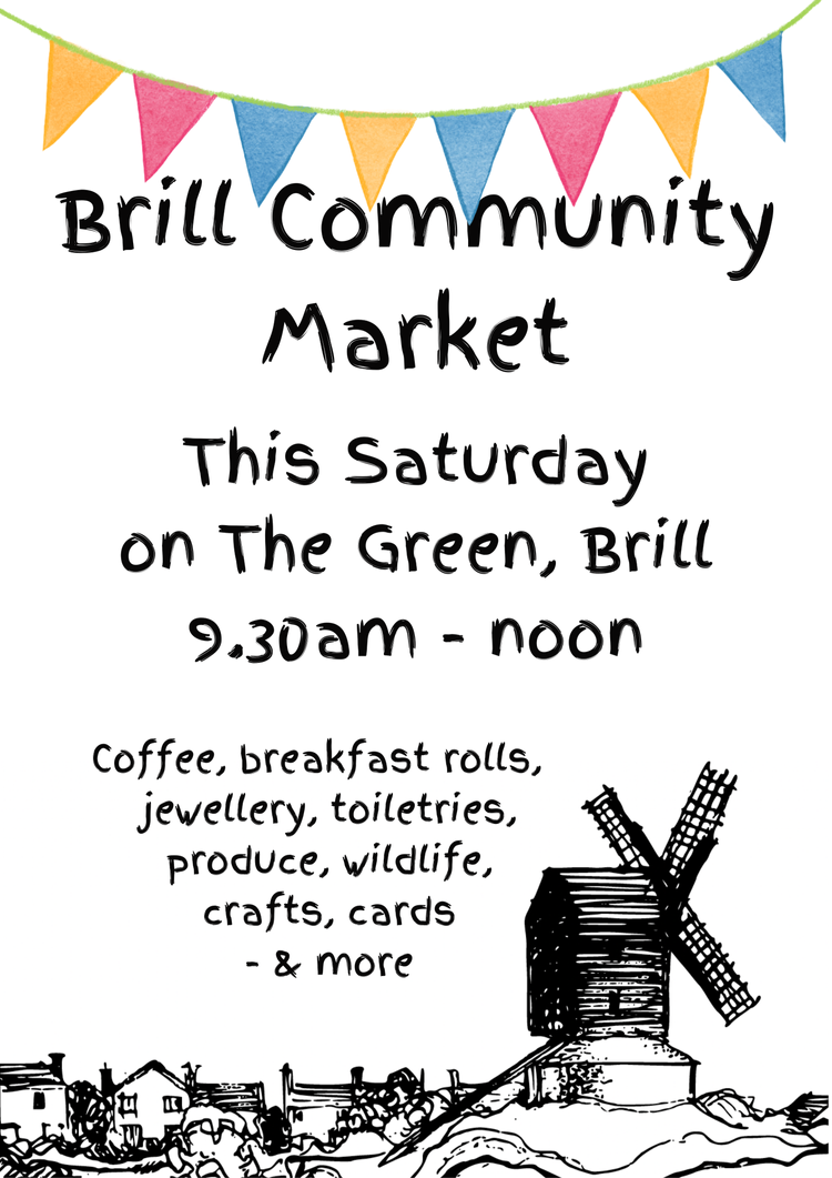 Poster advertising community market next Saturday, framed by line drawing of village houses and windmill and coloured flags.