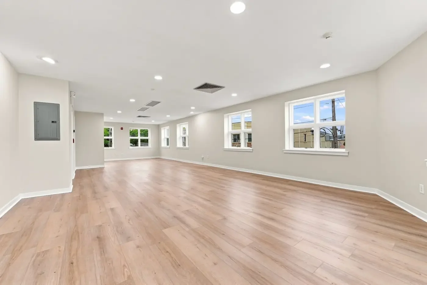 Wide view of the bright upstairs event room