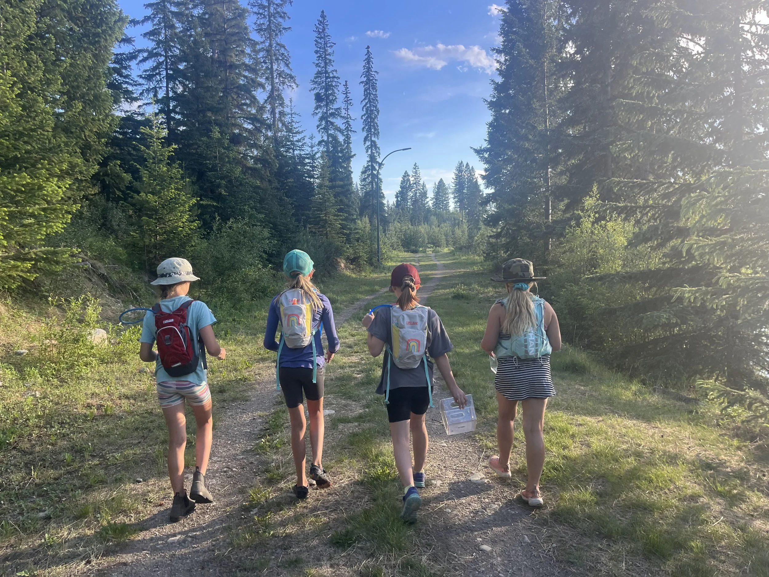 Girls hiking through forest at Adventuring Into Life camp BC