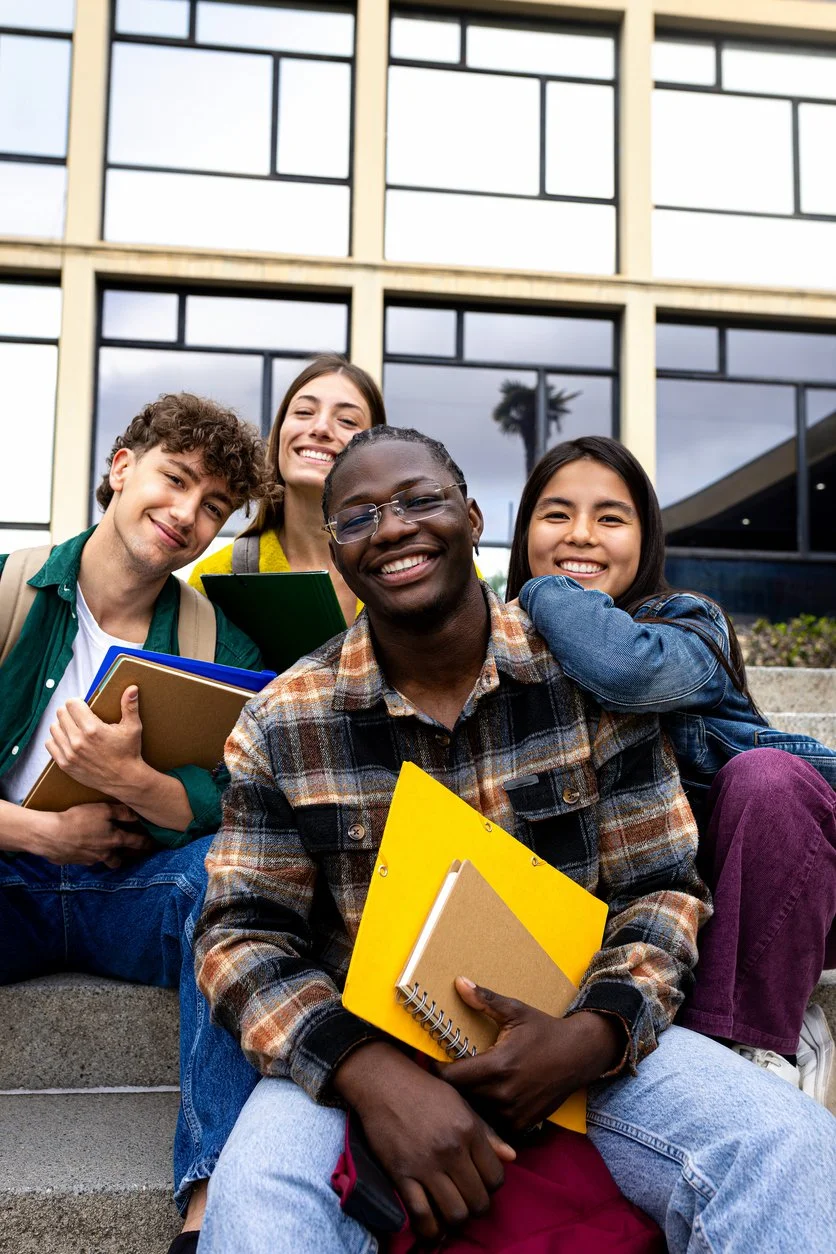 Four students smiling together outside a school.