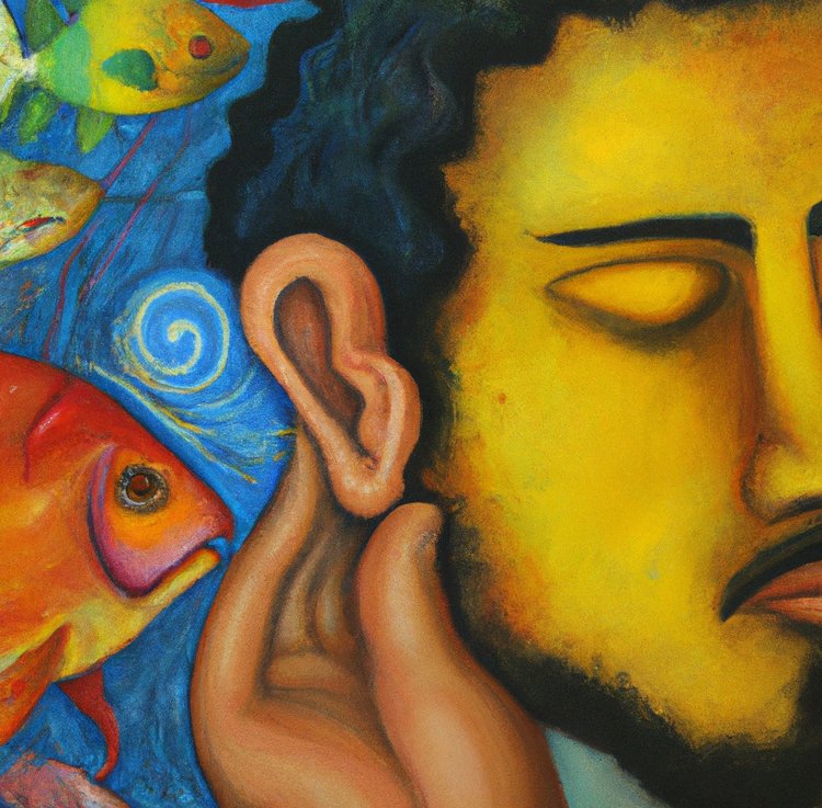 My DALL-E prompt:
"artsy oilpainting about a person that understands all languages. this person takes his hand behind the ear and listens. also this person has a fish in its ear. it is a coloful picture."