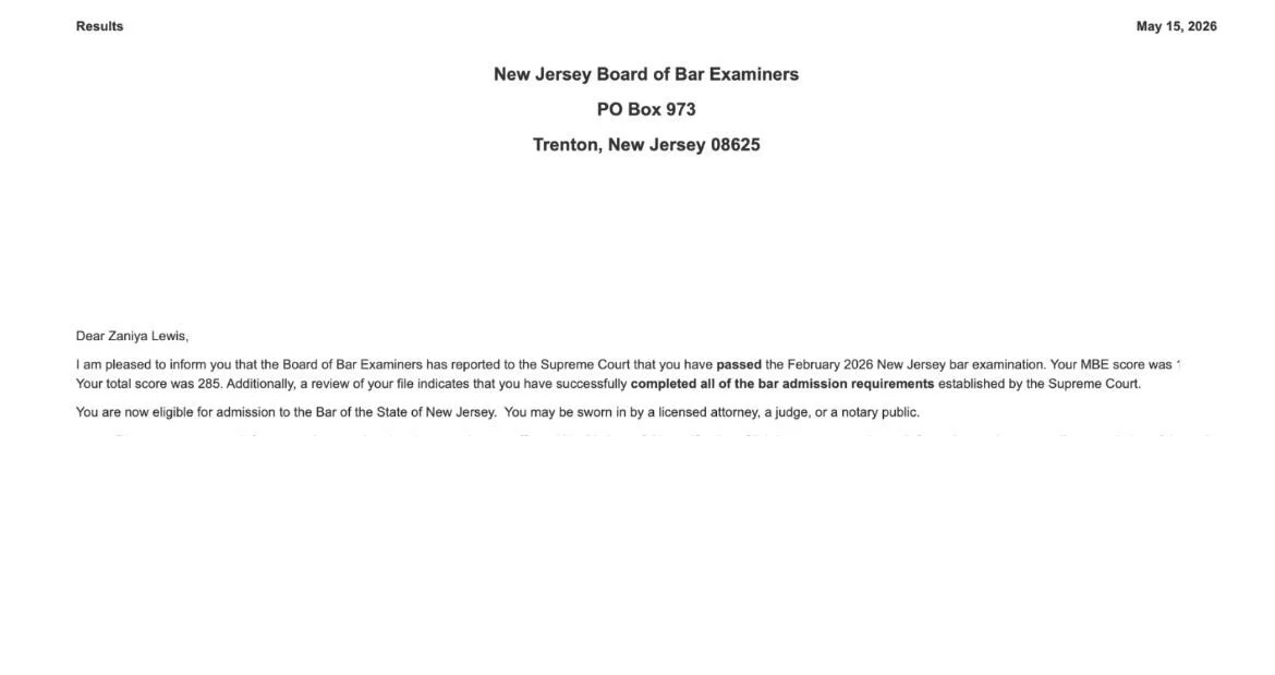 Zaniya Lewis Official New Jersey Bar Exam Passing Letter with a score of 285
