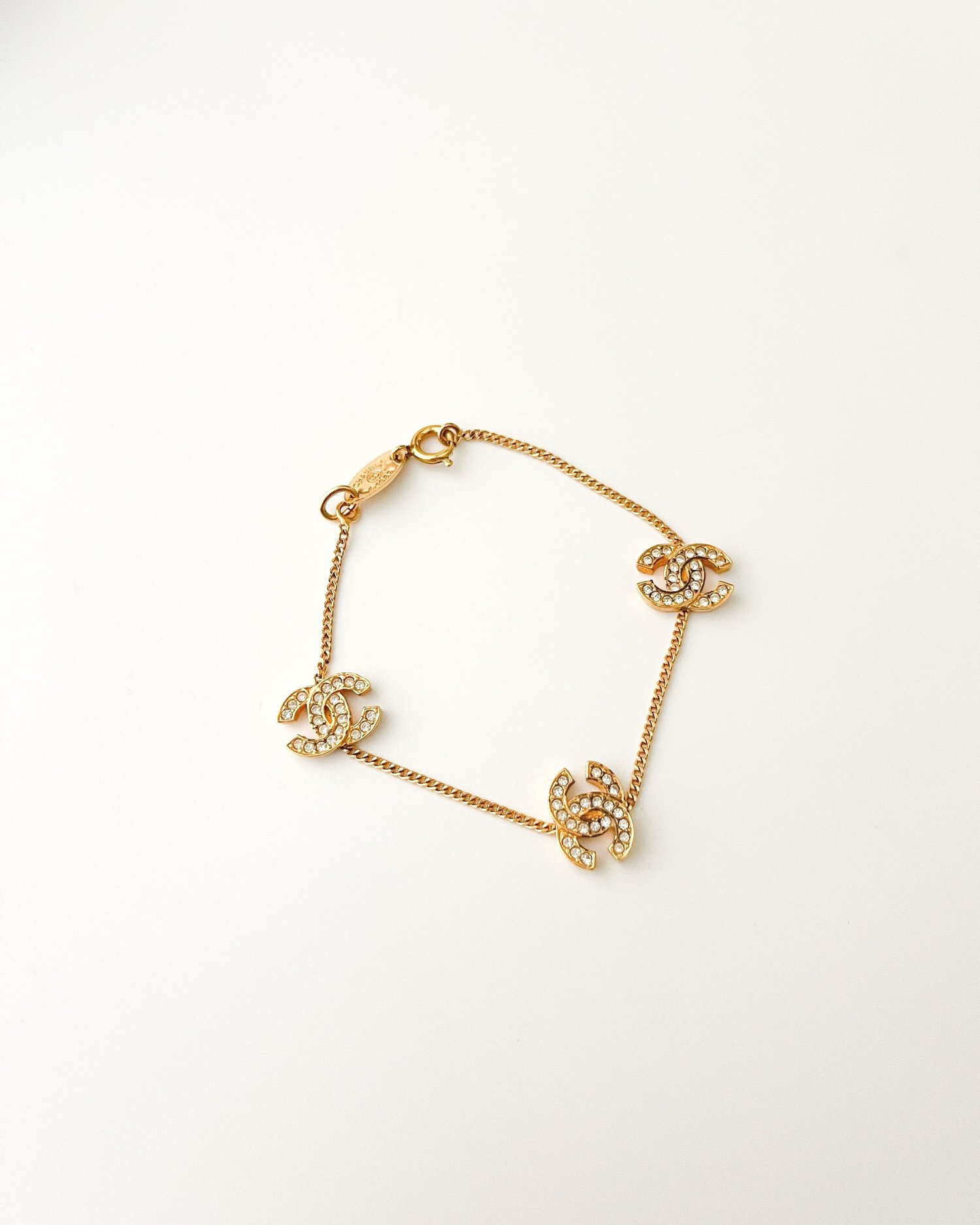 Vintage CHANEL Rhinestones CC Logo Letters Gold Crystal Bracelet