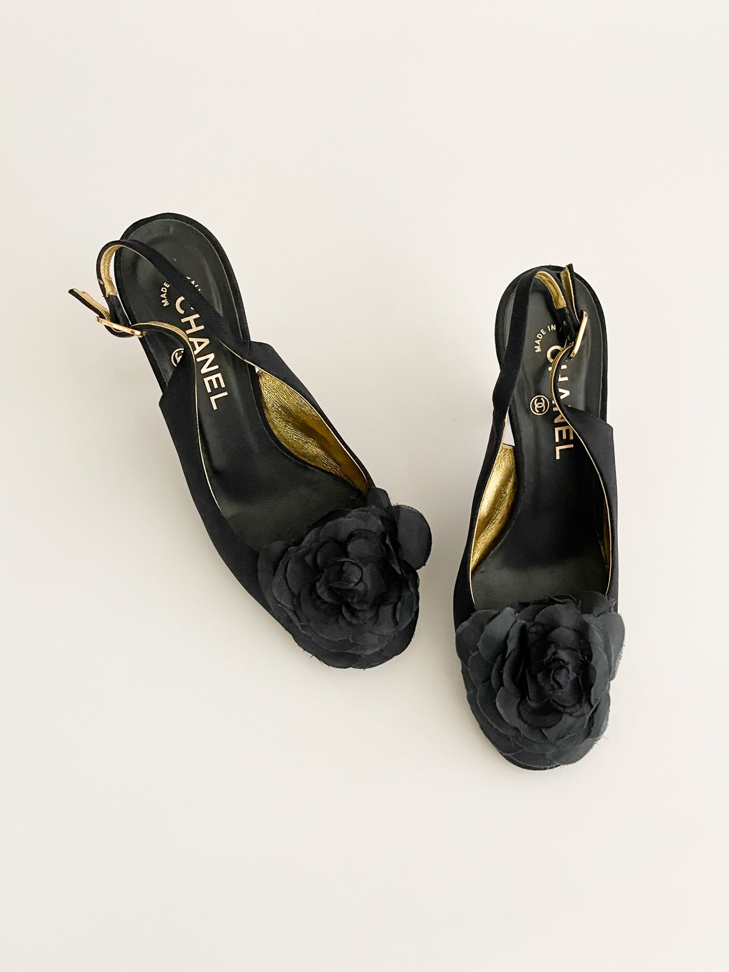 Chanel Iconic Camellia Black & Gold CC Slingback Heels (US 8.5