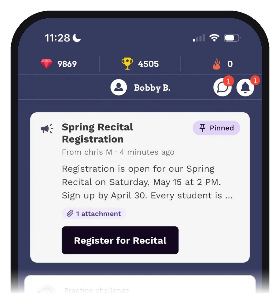 A pinned recital announcement at the top of a student's Home screen in the Practice Space app