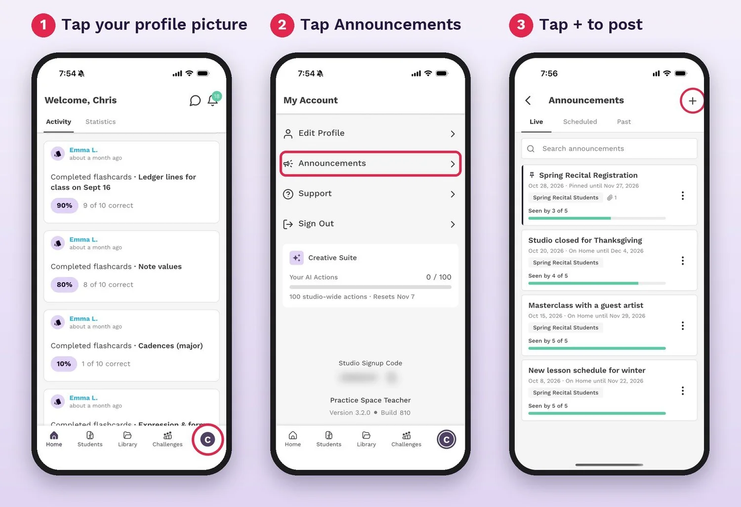 Three teacher app screens: tap your profile picture, tap Announcements, then tap plus to post