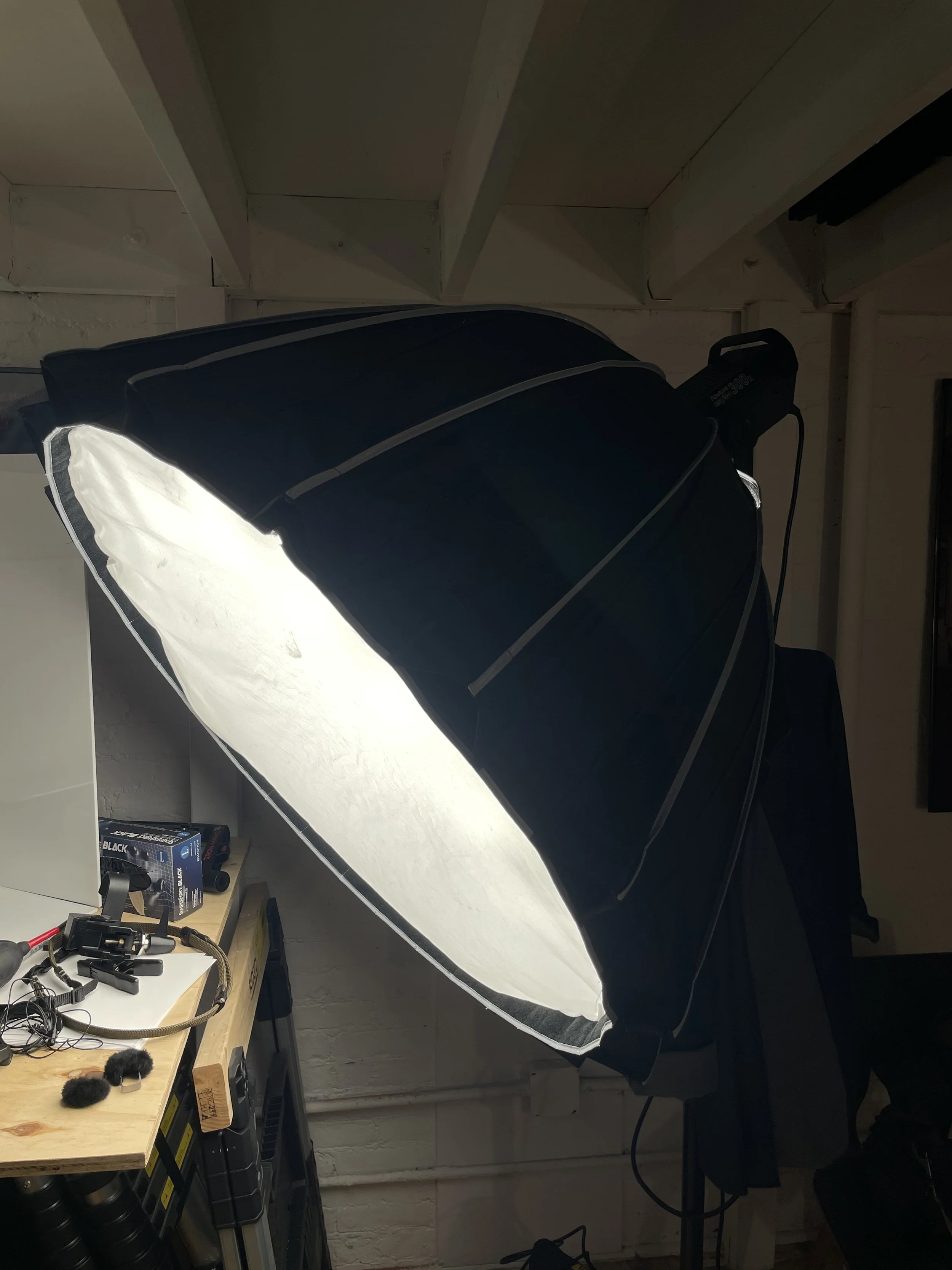Softbox shown assembled. Confirm the exact modifier, quantity and included parts; other equipment is not included.