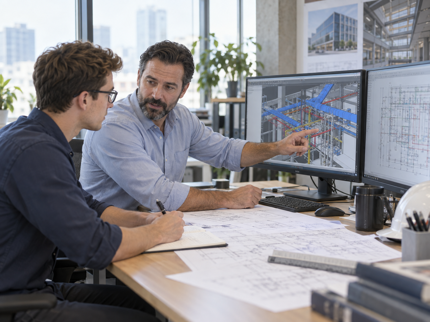 An experienced engineer mentoring an early-career colleague at a CAD workstation