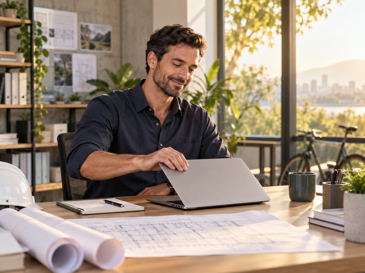 An engineer finishing the workday in a bright, flexible office