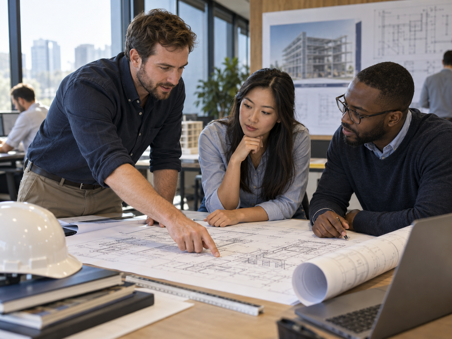 Engineering colleagues discussing building-system details and design decisions