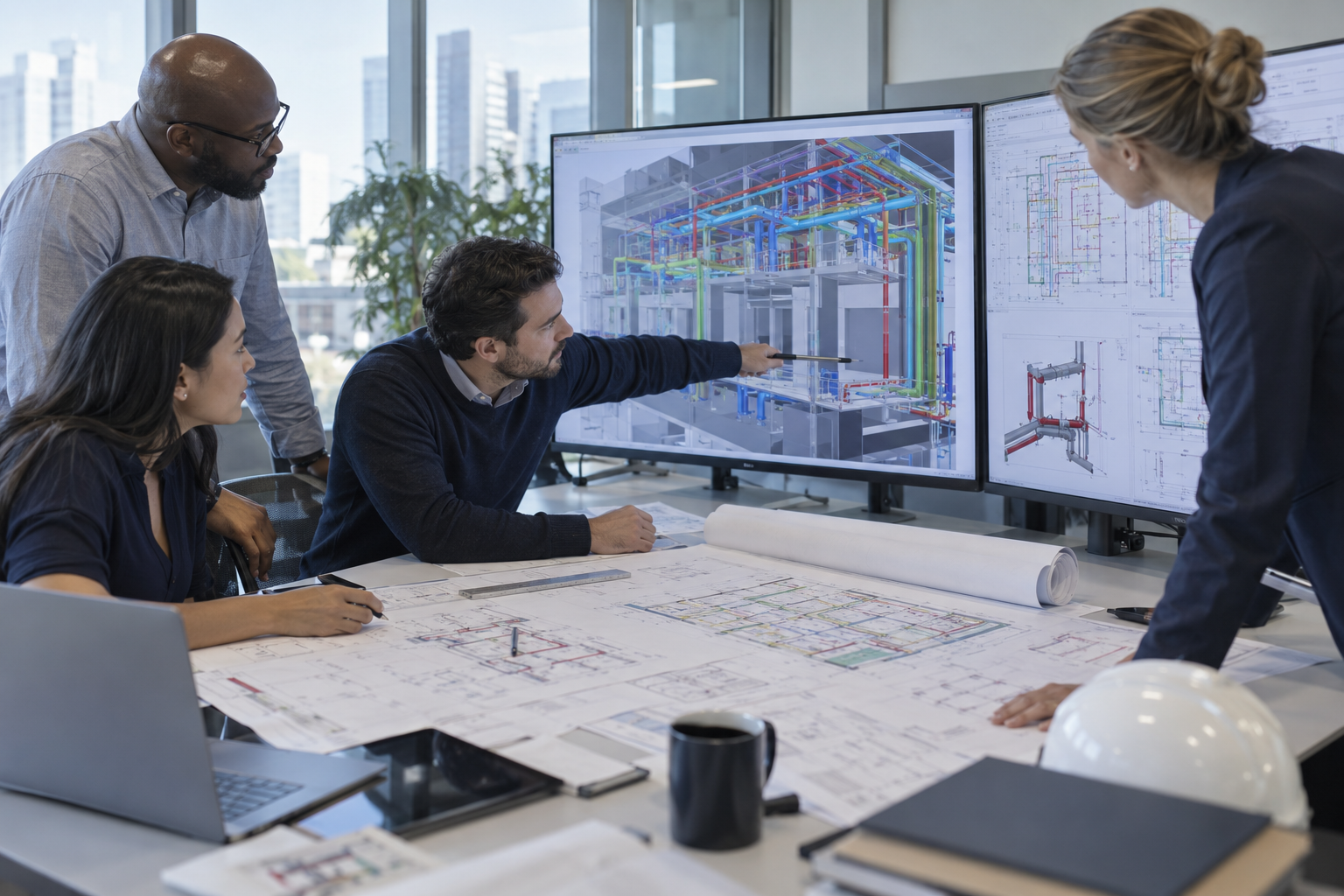 Cross-disciplinary engineers reviewing a coordinated BIM model and technical plans