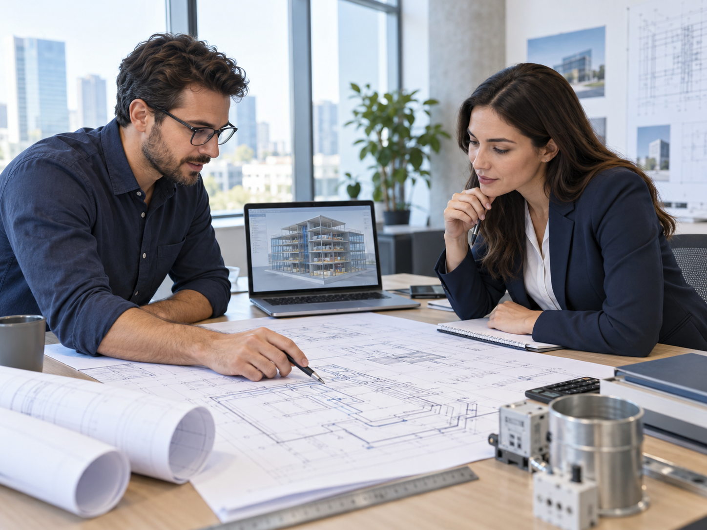 Mechanical and electrical engineers reviewing commercial building plans