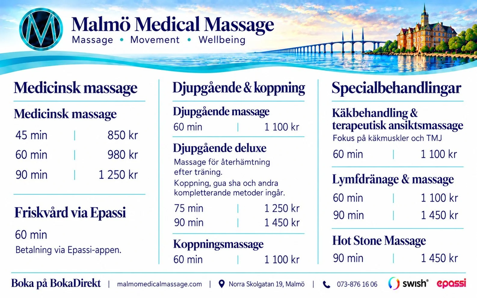 Malmö Medical Massage – behandlingsmeny och priser för medicinsk massage, djupgående massage, koppning, käkbehandling, lymfdränage och massage med varma stenar