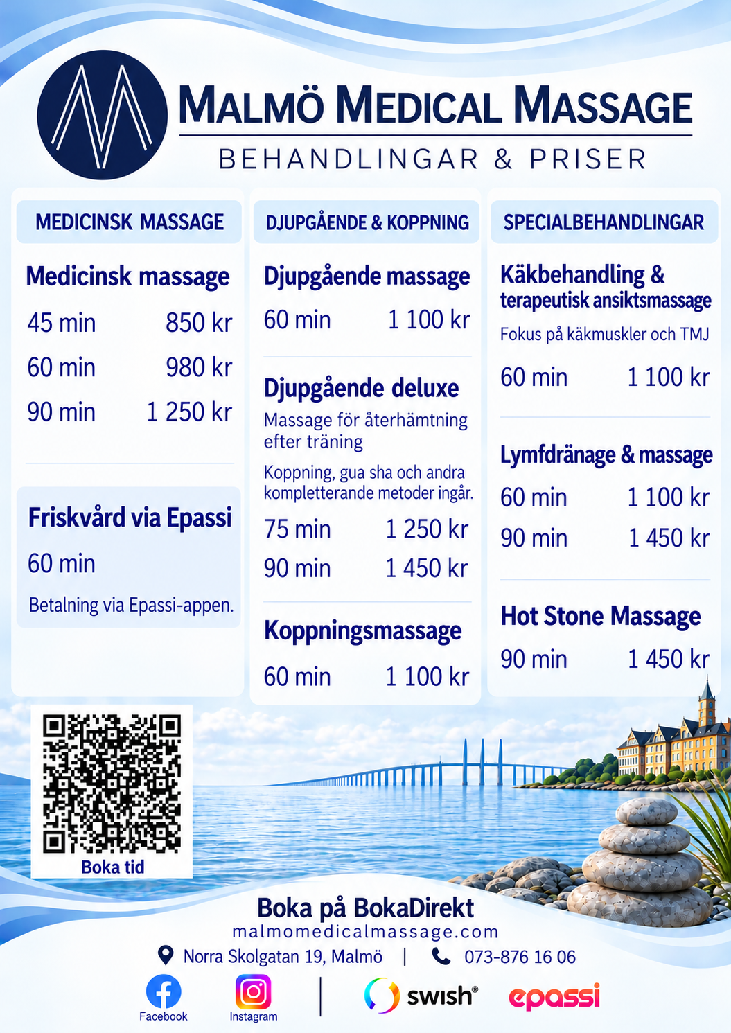 Malmö Medical Massage – behandlingsmeny och priser för medicinsk massage, djupgående massage, koppning, käkbehandling, lymfdränage och Hot Stone Massage