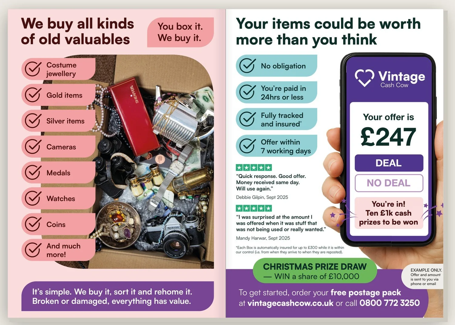 Inside the leaflet: a list of what they buy, and an example offer of £247 on a phone.