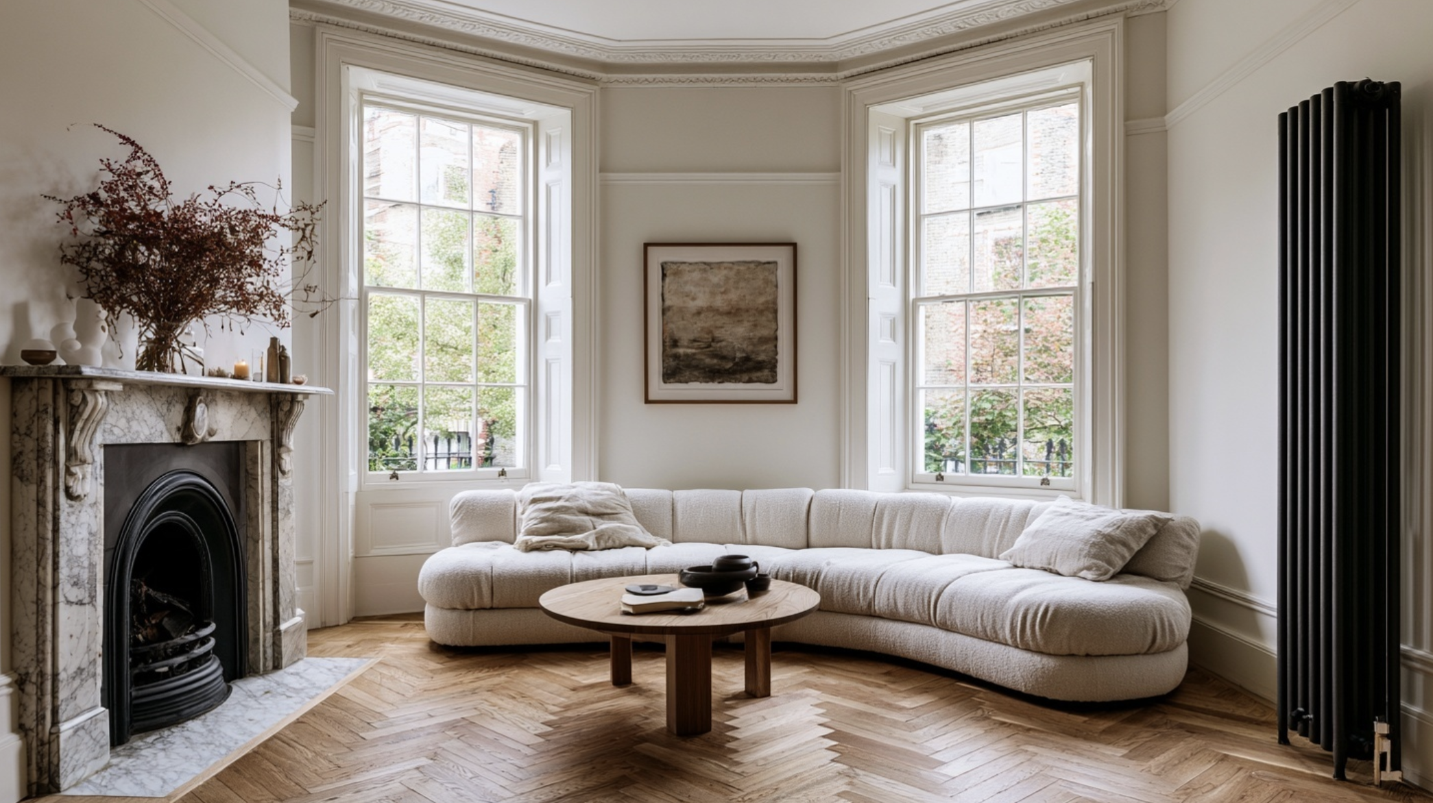Bright London period home living room with Victorian cast iron fireplace, tall bay windows, curved cream sofa, and herringbone oak parquet floor