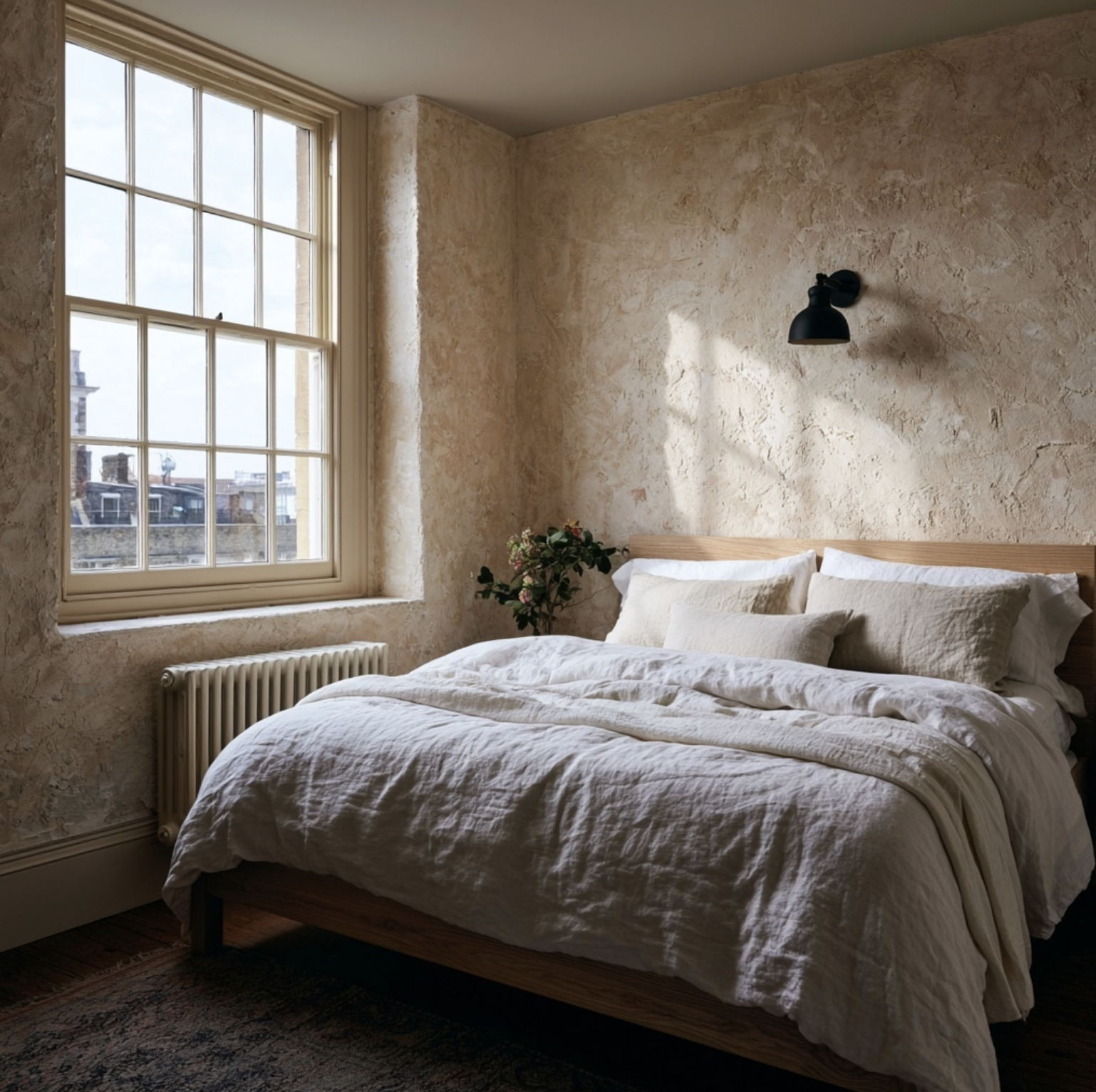 Bedroom with limewashed walls in warm tones, a large sash window, wall-mounted reading lamp, and a bed with linen bedding
