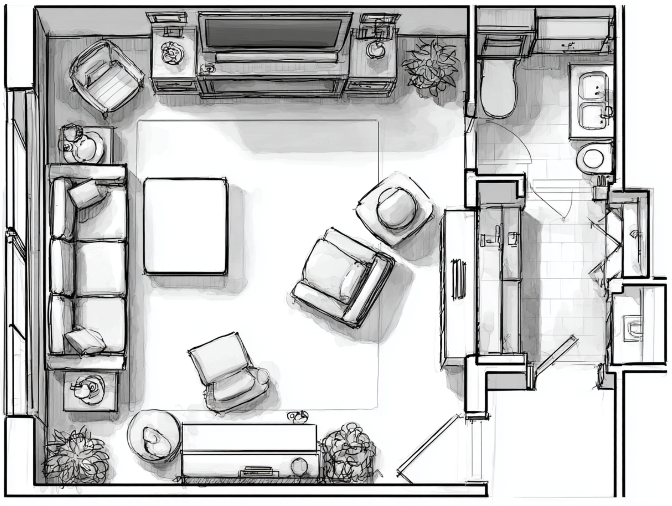 Detailed furniture layout floor plan for a UK home renovation showing strategic space planning and interior zoning