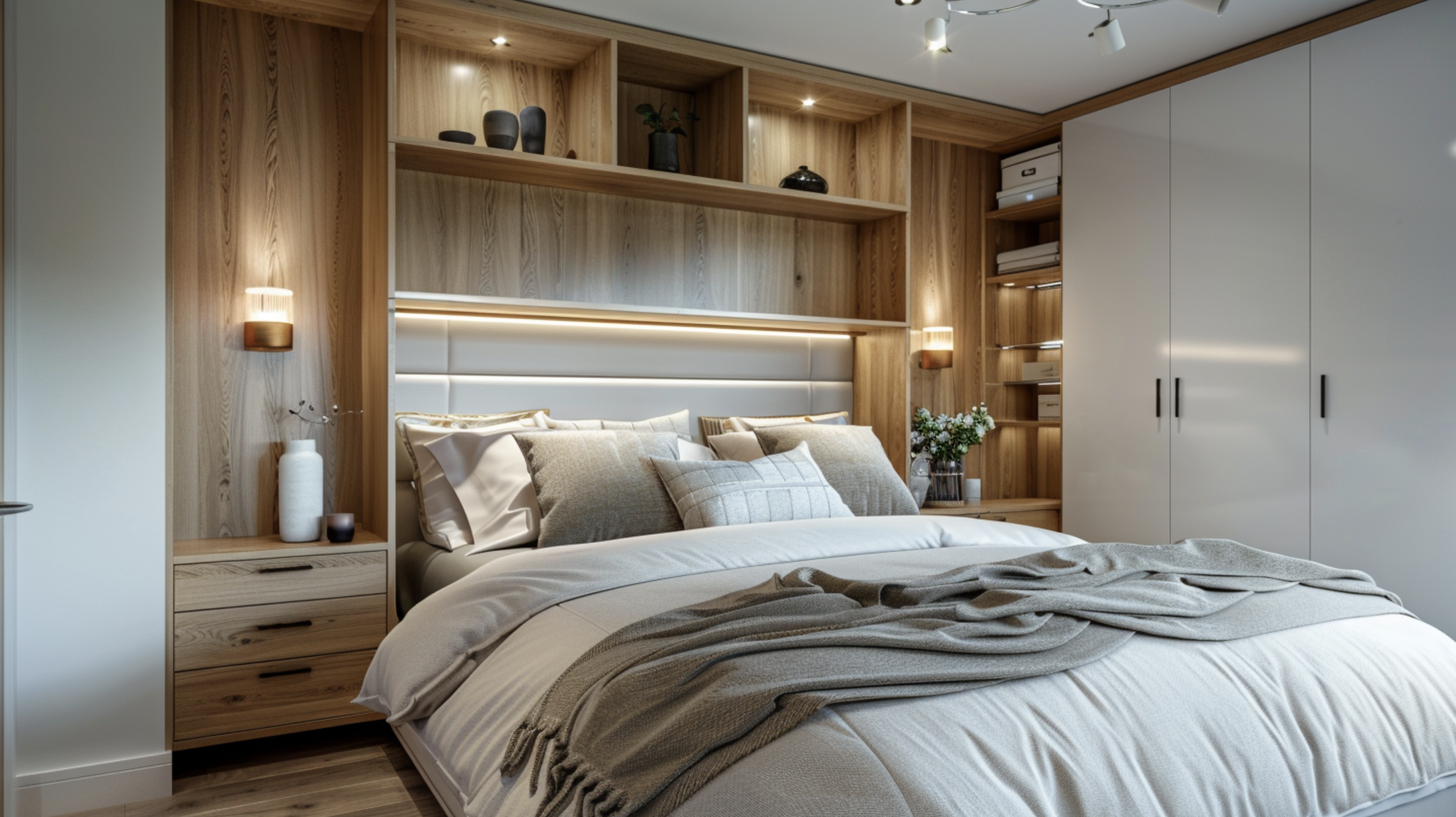 Cosy modern bedroom with a built-in oak headboard wall featuring open shelving and warm integrated lighting, upholstered headboard, neutral bedding, and full-height white wardrobes for space-saving storage.