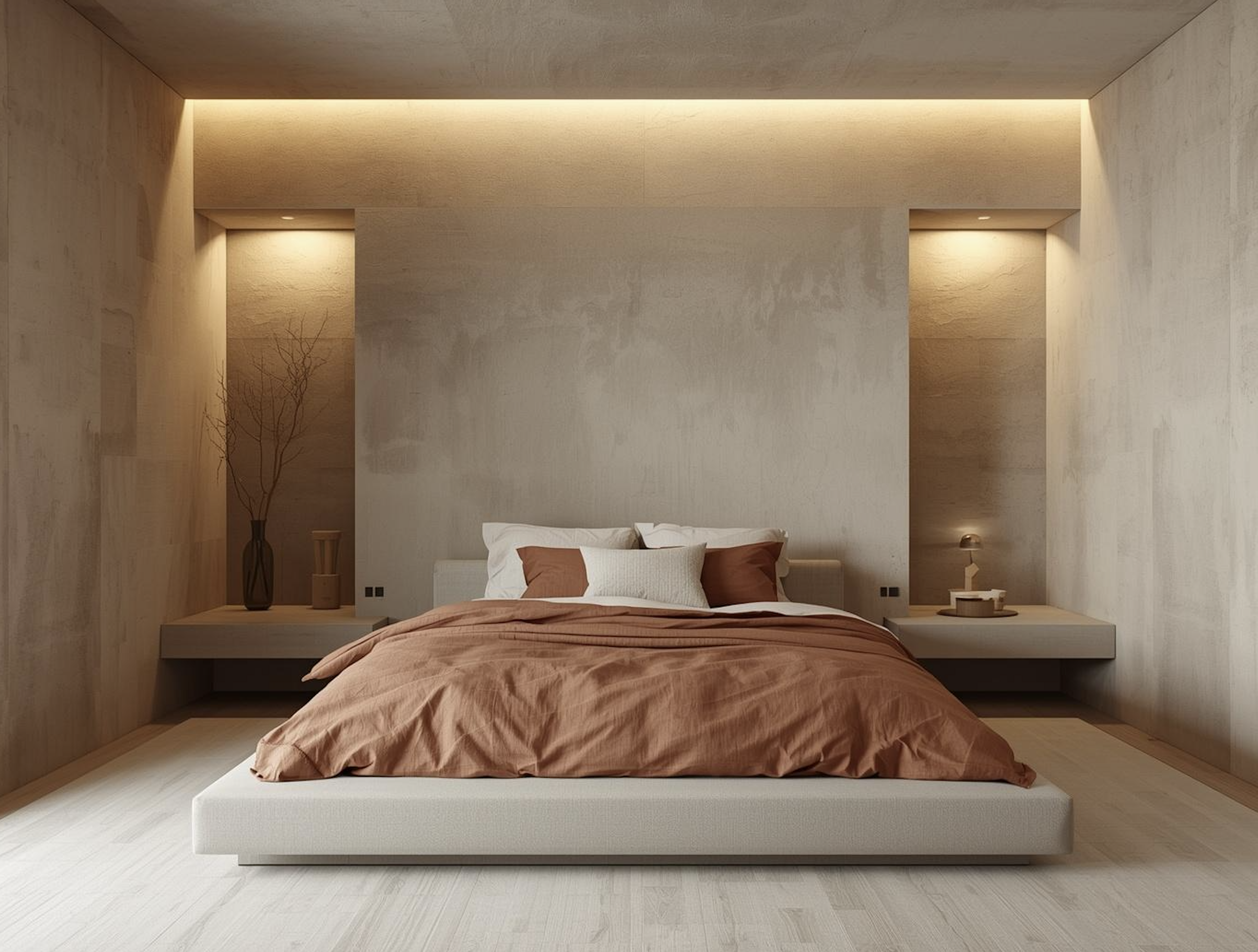 Wabi-Sabi bedroom with low platform bed, textured plaster walls, warm ambient lighting, and earthy linen bedding in soft clay tones