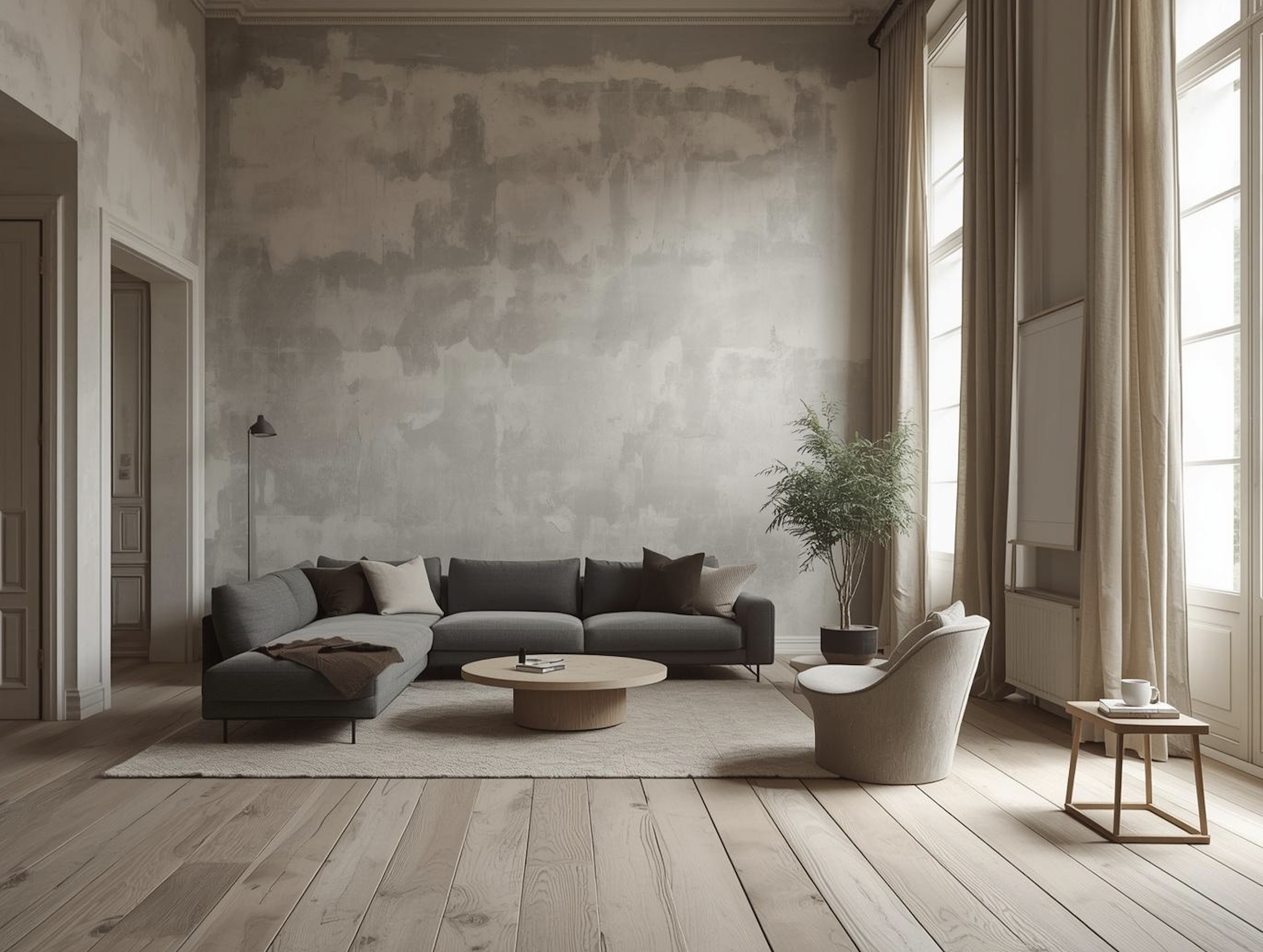 Wabi-Sabi living room in European Altbau apartment with textured walls, neutral sofa, natural wood flooring, and soft minimal styling