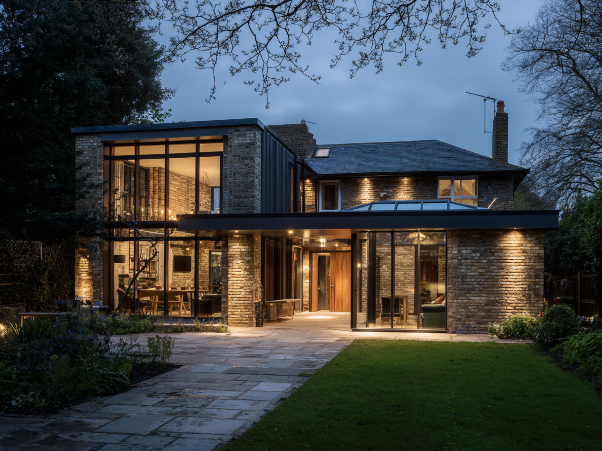 Contemporary rear brick home extension in the UK with large steel-framed glazing and warm interior lighting at dusk