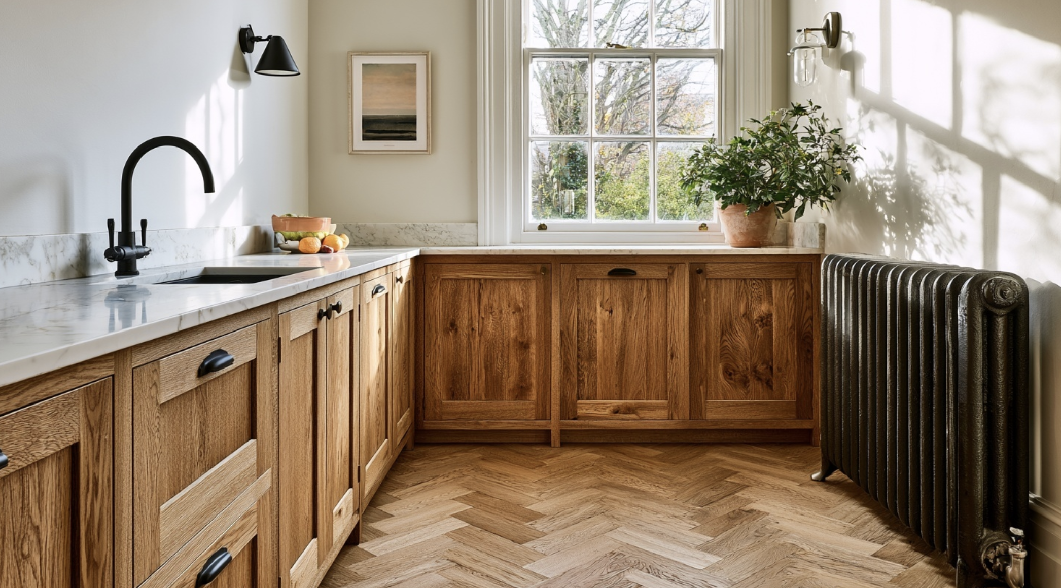 Period home kitchen with solid oak cabinetry, marble worktop, black gooseneck tap, sash windows, cast iron radiator, and herringbone parquet floor