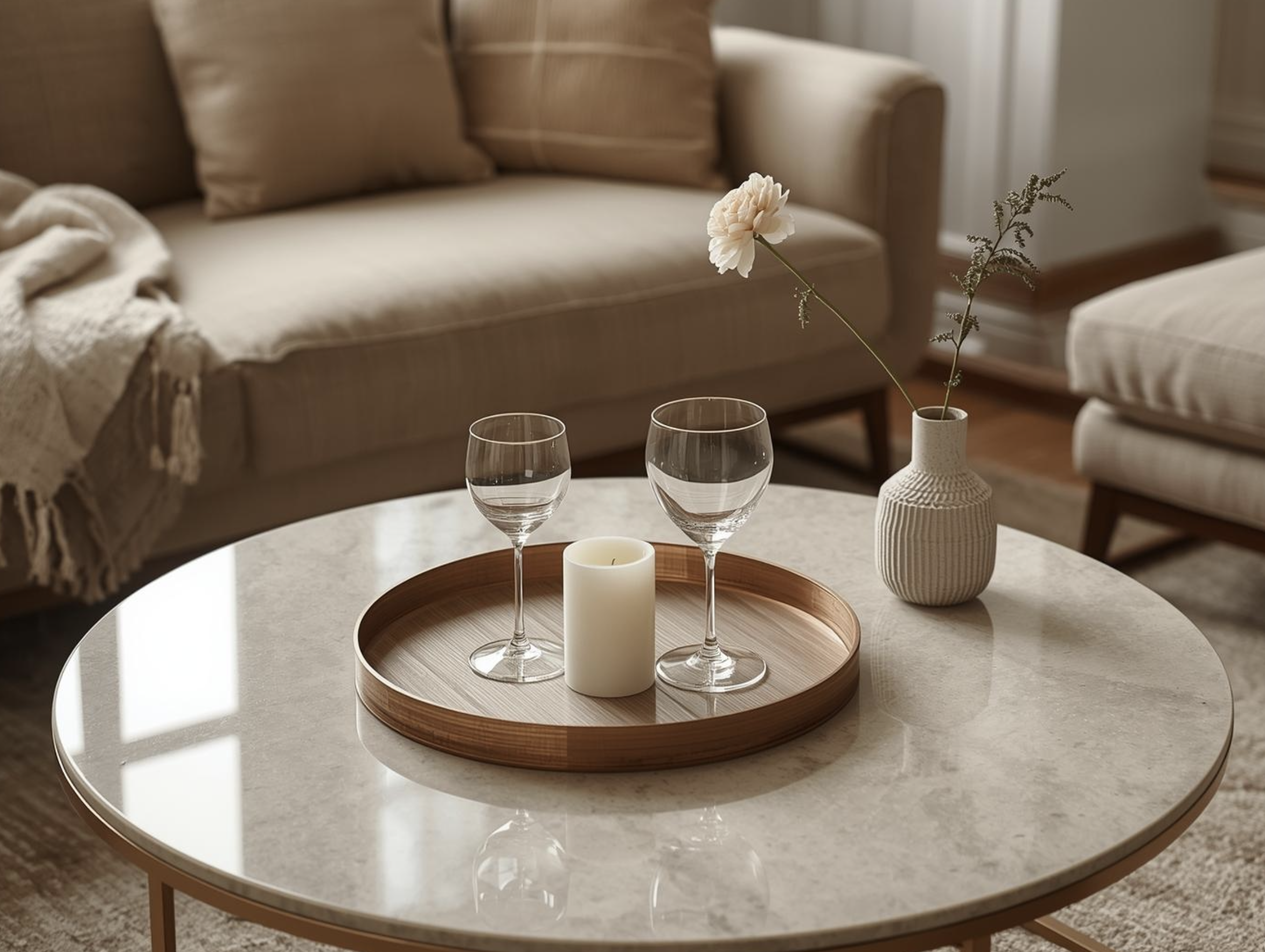 Simple coffee table styling: tray, candle and flowers with plenty of clear space