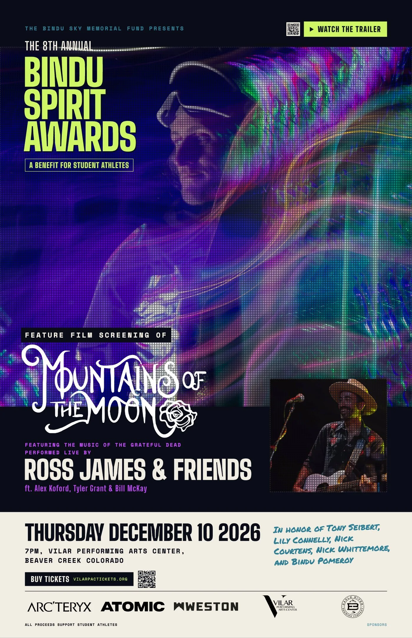 The 8th Annual Bindu Spirit Awards flier: Mountains of the Moon with Ross James & Friends, December 10, 2026