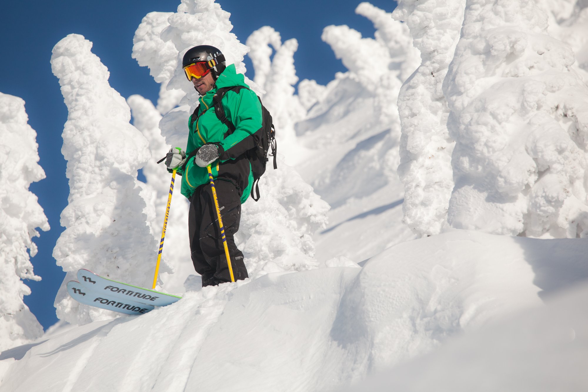 Nick Whittemore on Fortitude skis among snow-covered trees