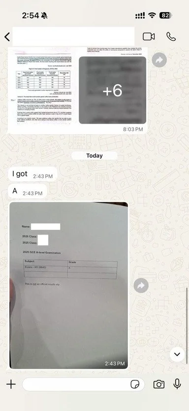 Student WhatsApp message sharing A-Level results